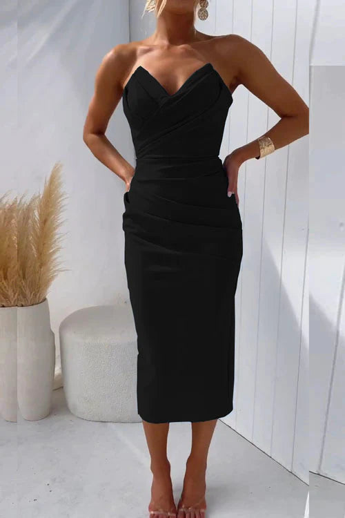 VELORE Ruched Back Slit Midi Dress